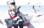  adjusting_clothes adjusting_gloves animal bird black_gloves black_legwear blonde_hair blue_eyes breasts capelet character_name closed_mouth cloud cowboy_shot cross cross_print day dutch_angle ello gloves graf_zeppelin_(kantai_collection) hair_between_eyes hat highres iron_cross jacket kantai_collection large_breasts light_frown long_hair long_sleeves looking_at_viewer machinery miniskirt necktie pantyhose peaked_cap pleated_skirt sidelocks skirt sky solo twintails 