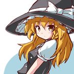  blonde_hair blush expressionless hat hat_ribbon kirisame_marisa leaning_back long_hair looking_at_viewer lowres puffy_short_sleeves puffy_sleeves ribbon ryogo short_sleeves simple_background sketch solo touhou two-tone_background upper_body vest witch_hat yellow_eyes 