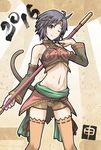  2016 antenna_hair bare_shoulders black_hair blush cosplay detached_sleeves doku_hebi grey_eyes highres idolmaster idolmaster_(classic) kikuchi_makoto looking_at_viewer midriff navel one_eye_closed short_hair shorts smile solo staff sun_wukong sun_wukong_(cosplay) thighhighs 