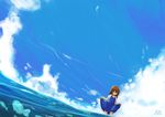  blue_sky brown_hair closed_eyes cloud day dress mahcdai original skirt skirt_hold sky solo wading 