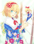  alice_margatroid apron blonde_hair blue_eyes blush bogyaku_no_m capelet hair_ornament hairband japanese_clothes kimono long_hair open_mouth shanghai_doll short_hair touhou waist_apron 