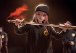  1girl 2boys bangs beanie black_headwear blurry blurry_background clenched_teeth crossover eyebrows_visible_through_hair hands_together hat hip_hop holding holding_sword holding_weapon hololive hololive_english infi long_hair looking_at_viewer mori_calliope multiple_boys parted_lips pink_hair red_eyes sheath solo_focus sword teeth trait_connection unsheathing virtual_youtuber weapon wu-tang_clan 