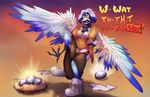  anthro avian bird blue_eyes blue_feathers breasts egg english_text feathers female onomatopoeia post_transformation pussy solo sound_effects text watsup 