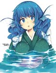  2015 blue_eyes blue_hair blush breasts dated head_fins iroyopon japanese_clothes kimono large_breasts long_sleeves looking_at_viewer obi open_mouth partially_submerged sash short_hair signature simple_background solo touhou upper_body wakasagihime water water_drop wet white_background 