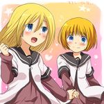  1girl armin_arlert blonde_hair blue_eyes blush christa_renz cosplay crossdressing dress holding_hands long_hair marimo_danshaku mikami_shiori nanamori_school_uniform otoko_no_ko sailor_dress school_uniform seiyuu_connection serafuku shingeki_no_kyojin short_hair sweatdrop yuru_yuri 