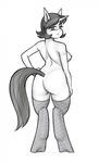  2014 anthro blush breasts clothing dotoro_(artist) equine female greyscale hair horn legwear looking_at_viewer looking_back mammal monochrome nipples nude simple_background solo stockings thigh_highs unicorn white_background 