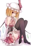  adapted_costume bare_shoulders black_legwear blonde_hair corset dress elbow_gloves flandre_scarlet gloves hat hat_ribbon janne_cherry leg_garter looking_at_viewer mob_cap red_eyes ribbon side_ponytail sitting sleeveless sleeveless_dress solo thighhighs touhou white_gloves wings 
