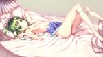  bad_id bad_pixiv_id bed bed_sheet blush bow bow_panties breasts frog_hair_ornament green_eyes green_hair hair_ornament hair_tubes highres hitomilook kochiya_sanae long_hair looking_at_viewer lying nipples on_back panties panty_pull pillow skirt small_breasts snake_hair_ornament solo touhou underwear white_panties 