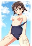  blush breasts brown_hair ki_(kk-sk-ray) miyafuji_yoshika nipples old_school_swimsuit one-piece_swimsuit school_swimsuit short_hair small_breasts solo strike_witches swimsuit swimsuit_pull world_witches_series 