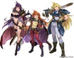 2girls armor belt beltskirt blonde_hair boots breastplate breasts cape carrying_over_shoulder circlet cleavage fang fingerless_gloves full_body fur_trim gloves gourry_gabriev granblue_fantasy hand_on_hip large_breasts lina_inverse long_hair loose_belt minaba_hideo multiple_girls naga_the_serpent navel official_art open_mouth pauldrons purple_hair red_hair revealing_clothes short_sleeves slayers smile sword thigh_strap transparent_background v weapon 