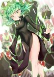  black_dress blush dress floating_rock green_eyes green_hair highres legs looking_at_viewer one-punch_man short_hair side_slit solo sylphine tatsumaki telekinesis 