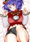  bike_shorts blush hair_ornament highres long_sleeves looking_at_viewer lying midriff mirror monrooru navel on_back purple_eyes purple_hair shirt short_over_long_sleeves short_sleeves solo touhou yasaka_kanako 