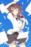  brown_hair camera clenched_teeth grin one_eye_closed red_eyes sash shameimaru_aya smile solo teeth touhou watase_rei 