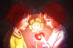  :o androgynous artist_name brown_background brown_eyes brown_hair chara_(undertale) commentary flower flowey_(undertale) frisk_(undertale) from_side glowing grey_eyes half-closed_eyes heart long_sleeves multiple_others open_mouth shirt short_hair simple_background spoilers striped striped_shirt sweater tenperu_tapio undertale upper_body what_if 