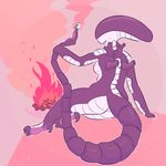  2015 alien alien_(franchise) blush breasts campfire catboots cute female from_behind long_tail marshmallow nude side_boob simple_background sitting slightly_chubby smile solo xenomorph 