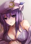  bare_shoulders breasts cleavage crescent dress hat janne_cherry large_breasts long_hair long_sleeves looking_at_viewer mob_cap off_shoulder open_mouth patchouli_knowledge purple_dress purple_eyes purple_hair solo sweat touhou upper_body 