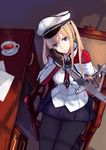  absurdres aircraft airplane bangs black_legwear blonde_hair blue_eyes breasts brown_gloves capelet chair closed_mouth cup desk drawer fairy_(kantai_collection) from_above gloves goggles goggles_on_head graf_zeppelin_(kantai_collection) hat head_rest head_tilt hfp~kubiao highres holding indoors kantai_collection large_breasts long_hair long_sleeves looking_at_viewer minigirl miniskirt multiple_girls necktie orange_hair pantyhose paper peaked_cap pleated_skirt saucer sitting skirt solo_focus tea teacup twintails uniform window_shade 