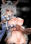  absurdres animal_ears areolae armor armored_dress black_background blush braid breast_hold breasts cat_ears dress embarrassed erune gauntlets granblue_fantasy groin hair_intakes hair_tubes hairband hand_on_own_chest heles highres huge_breasts katuu large_breasts long_hair looking_at_viewer nipples no_panties pelvic_curtain puffy_nipples pussy short_dress shoulder_armor silver_hair simple_background single_braid skindentation solo spaulders thighhighs white_dress yellow_eyes 