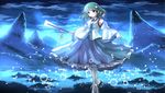  bubble cloud cloudy_sky detached_sleeves frog_hair_ornament gohei green_eyes green_hair hair_ornament highres kochiya_sanae long_sleeves moonlight mountain outstretched_arms risutaru shirt skirt sky smile snake_hair_ornament solo touhou wide_sleeves 
