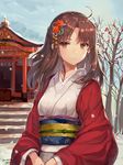  2016 :| brown_eyes brown_hair closed_mouth cloud cloudy_sky commentary_request dated day flower hair_flower hair_ornament japanese_clothes kara_no_kyoukai kimono long_hair long_sleeves looking_at_viewer momoko_(momopoco) new_year obi outdoors ryougi_shiki sash shrine sky solo standing wide_sleeves 