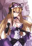  bare_shoulders blonde_hair bonnet bow breasts cleavage dress dress_lift elbow_gloves gloves hair_bow hair_ribbon janne_cherry large_breasts long_hair parasol purple_dress purple_eyes ribbon sash solo touhou umbrella very_long_hair yakumo_yukari 