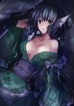  blue_eyes blue_hair breasts collarbone floral_print head_fins janne_cherry japanese_clothes kimono large_breasts looking_at_viewer mermaid monster_girl obi off_shoulder open_clothes open_kimono sash solo touhou wakasagihime 
