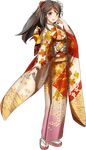  amagi_(kantai_collection) arm_at_side brown_eyes brown_hair floral_print flower full_body furisode hair_between_eyes hair_flower hair_ornament japanese_clothes kantai_collection kimono kuuro_kuro long_hair looking_at_viewer mole mole_under_eye new_year obi official_art open_mouth ponytail sandals sash smile solo standing tabi transparent_background wide_sleeves zouri 