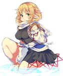  2015 3: alternate_hairstyle arm_warmers blonde_hair blush braid breasts covered_nipples dated earrings green_eyes iroyopon jewelry looking_at_viewer medium_breasts mizuhashi_parsee partially_submerged pointy_ears scarf shirt short_hair short_sleeves signature simple_background skirt solo touhou vest white_background 