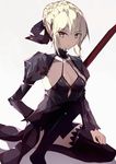  artoria_pendragon_(all) bad_id bad_pixiv_id blonde_hair breasts cleavage cuy7 dress fate/stay_night fate_(series) frown highres looking_at_viewer medium_breasts saber_alter short_hair simple_background solo yellow_eyes 