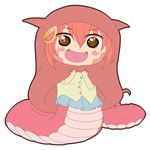  1girl :d animal_hood blush_stickers brown_eyes chibi fangs full_body hair_ornament hairclip highres himouto!_umaru-chan hood komaru lamia miia_(monster_musume) monster_girl monster_musume_no_iru_nichijou open_mouth parody red_hair scales simple_background smile solo staticwave style_parody transparent_background 