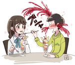  1girl black_hair blood blush brown_hair epic_nosebleed food juushimatsu's_girlfriend long_hair matsuno_juushimatsu nosebleed osomatsu-kun osomatsu-san parfait short_hair spoon trembling yamano_(151515) 