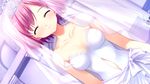  ^_^ breasts cleavage closed_eyes dress fumio_(ura_fmo) game_cg grisaia_(series) grisaia_no_rakuen komine_sachi long_hair medium_breasts pink_hair smile solo strapless strapless_dress wedding_dress white_dress 