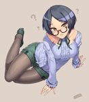  bangs bespectacled black_hair breasts fashion glasses hayami_kanade idolmaster idolmaster_cinderella_girls jjune large_breasts legwear_under_shorts looking_at_viewer pantyhose pantyhose_under_shorts parted_bangs short_hair shorts solo yellow_eyes 