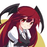  blush head_wings juliet_sleeves koakuma leaning_forward long_hair long_sleeves looking_at_viewer lowres puffy_sleeves red_eyes red_hair ryogo simple_background smile solo touhou two-tone_background upper_body vest 