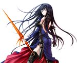  armor ass backless_outfit black_hair blue_dress blue_eyes castlevania dress highres holding holding_weapon long_hair looking_at_viewer shanoa simple_background solo tamamon weapon white_background 