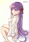 arm_support breasts dress_shirt fate/stay_night fate_(series) i.f.s.f matou_sakura medium_breasts naked_shirt purple_hair shirt simple_background solo twitter_username type-moon unbuttoned unbuttoned_shirt white_background 