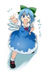  blue_dress blue_eyes blue_hair bow cirno dress fangs hair_bow highres ice ice_wings looking_at_viewer monrooru one_eye_closed open_mouth pointing pointing_at_viewer puffy_short_sleeves puffy_sleeves shirt short_sleeves smile solo touhou wings 