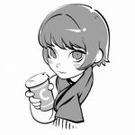  1girl coffee_cup highres ilya_kuvshinov monochrome original scarf short_hair solo 