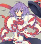  2015 ascot blush capelet dated eyebrows eyebrows_visible_through_hair flying_sweatdrops frills grey_background hat hat_removed hat_ribbon headwear_removed iroyopon long_sleeves looking_down nagae_iku open_mouth purple_hair red_eyes ribbon shawl shirt short_hair signature simple_background skirt solo touhou upper_body 