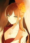  blush breasts brown_eyes brown_hair cleavage collarbone commentary curtains dress earrings eyelashes hair_ribbon jewelry long_hair lpip medium_breasts necklace orange_ribbon original pendant red_dress ribbon sidelocks smile solo upper_body 