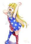  american_flag_dress american_flag_legwear arm_up armpits blonde_hair closed_eyes clownpiece fairy_wings feet_out_of_frame highres long_hair monrooru no_hat no_headwear open_mouth pantyhose pantyhose_pull solo stretch thighs touhou very_long_hair wings yawning 
