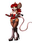  anthro boots breasts brown_fur clothing collar corset female fishnet footwear full-length_portrait fur green_eyes hair high_heels legwear looking_at_viewer mammal mouse red_hair rodent simple_background smile solo stockings tgwonder watsup whip white_background 