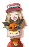  :3 bare_shoulders black_sclera black_shirt blonde_hair breasts cowboy_shot creatures_(company) crossed_arms drop_shadow eevee eyes_closed eyewear_on_headwear female game_freak gen_1_pokemon happy hat holding holding_pokemon long_hair looking_at_another looking_up nintendo open_mouth pleated_skirt pokemon pokemon_(creature) pokemon_(game) pokemon_xy red_hat red_skirt serena_(pokemon) shirt simple_background skirt sleeveless sleeveless_shirt small_breasts smile standing sunglasses teru_zeta white-framed_eyewear white_background white_eyes 