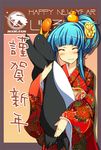  bird blue_hair closed_eyes highres japanese_clothes kimono new_year original penguin sidelocks solo tied_hair torisan 