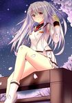  absurdres cherry_blossoms detached_sleeves highres isla_(plastic_memories) long_hair outdoors panties pantyshot pantyshot_(sitting) plastic_memories pleated_skirt red_eyes silver_hair sitting skirt solo tongtongtong underwear white_legwear white_panties white_skirt 