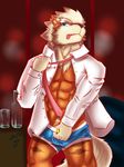  5022048898_(pixiv) abs anthro arcanine beige_skin biceps big_muscles biped black_nose blonde_hair blue_eyes bottomless briefs brown_fur brown_markings brown_nose canine clothed clothing cup digital_media_(artwork) dress_shirt flaccid fluffy_tail front_view fur glass hair half-dressed hi_res inner_ear_fluff inside male mammal muscular muscular_male necktie necktie_pull nintendo nipples open_shirt orange_penis orange_skin pecs penis pink_tongue pointy_ears pok&eacute;mon red_background shirt simple_background solo standing striped_skin stripes tan_fur three-quarter_portrait tongue tongue_out underwear undressing video_games white_fur white_pubes white_shirt 