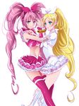  blonde_hair blue_eyes boots bow braid choker crop_top cure_melody cure_rhythm frilled_skirt frills green_eyes hair_bow houjou_hibiki knee_boots long_hair looking_at_viewer magical_girl minamino_kanade multiple_girls nof pink_bow pink_choker pink_hair pink_legwear pink_skirt precure skirt suite_precure thighhighs twintails white_background white_bow white_choker white_footwear white_skirt wrist_cuffs 