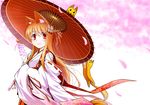  animal_ears cherry_blossoms fox fox_ears japanese_clothes long_hair miko oriental_umbrella original smile solo umbrella yami_no_kohaku 