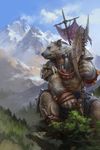  2013 anthro armband armor axe bear biceps big_muscles brown_nose chaos_dawn clothed clothing cloud collar detailed detailed_background digital_media_(artwork) ear_piercing fangs flag forest fuckorange fur grey_fur half-dressed loincloth male mammal melee_weapon mountain muscular nature outside pecs piercing scar sitting sky solo stone topless tree warrior weapon yellow_eyes 
