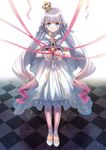  bokura_wa_mahou_shoujo_no_naka braid capelet checkered checkered_floor choker crown dengeki_bunko dress eihi gradient_hair hair_ribbon howaitonozeto long_hair looking_at_viewer mini_crown multicolored_hair official_art ribbon silver_hair solo star twin_braids very_long_hair wrist_cuffs 